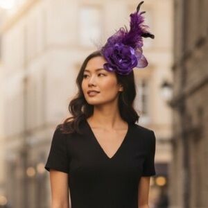 Elegant Purple Feathered,Mesh & Ribbon Fascinator with hair clip